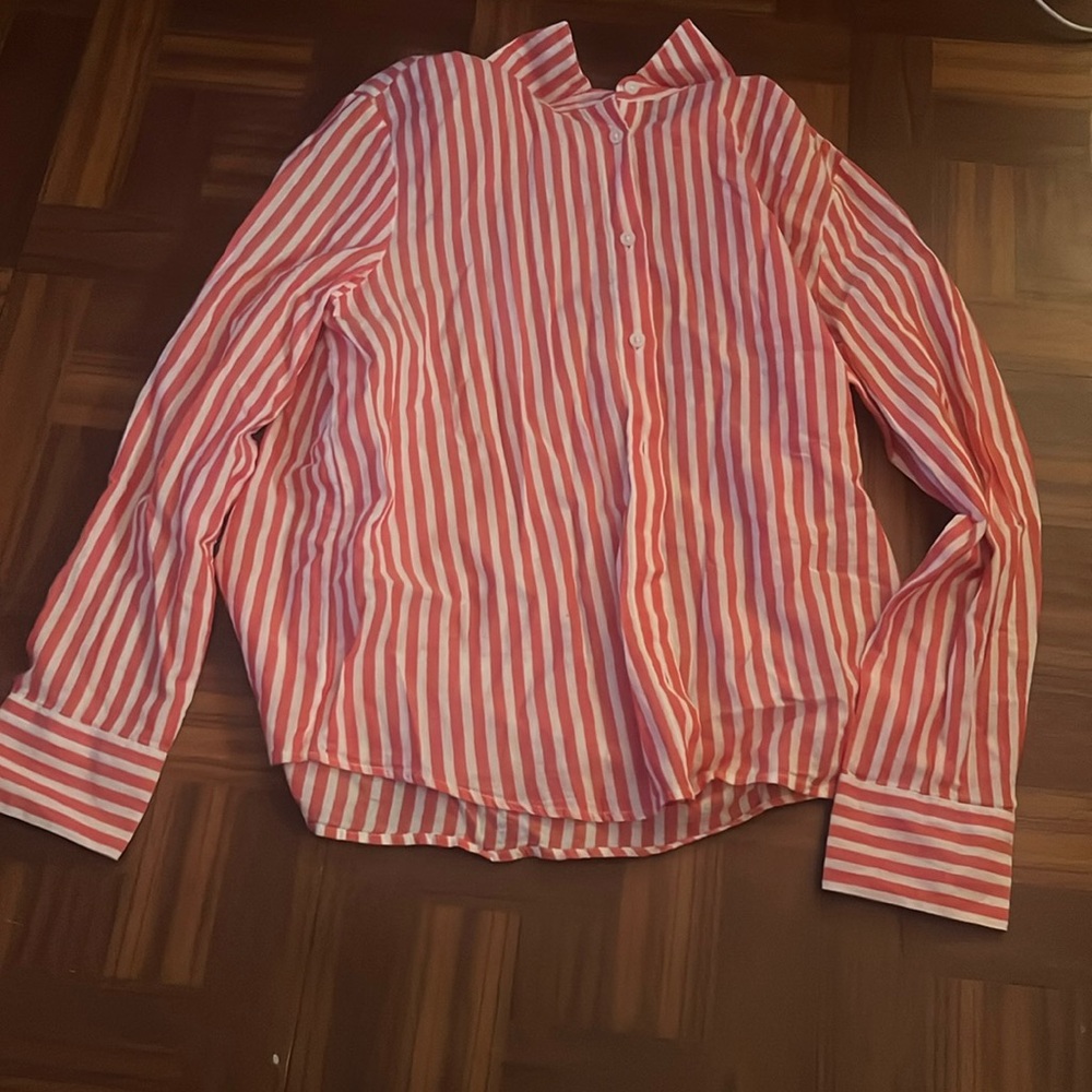 Reddish pink and white striped button up ￼